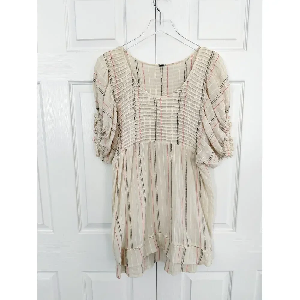 Free People Elsie Textured Gauze Tunic Mini Babydoll Dress Ivory Puff Sleeve